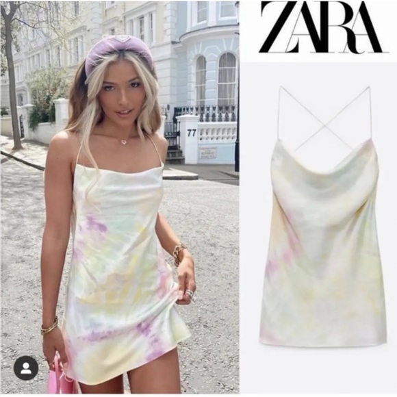 Zara Printed Watercolor Satin Tie Dye Mini Cowl Neck Dress Cream Pink XS NWT - Picture 6 of 16